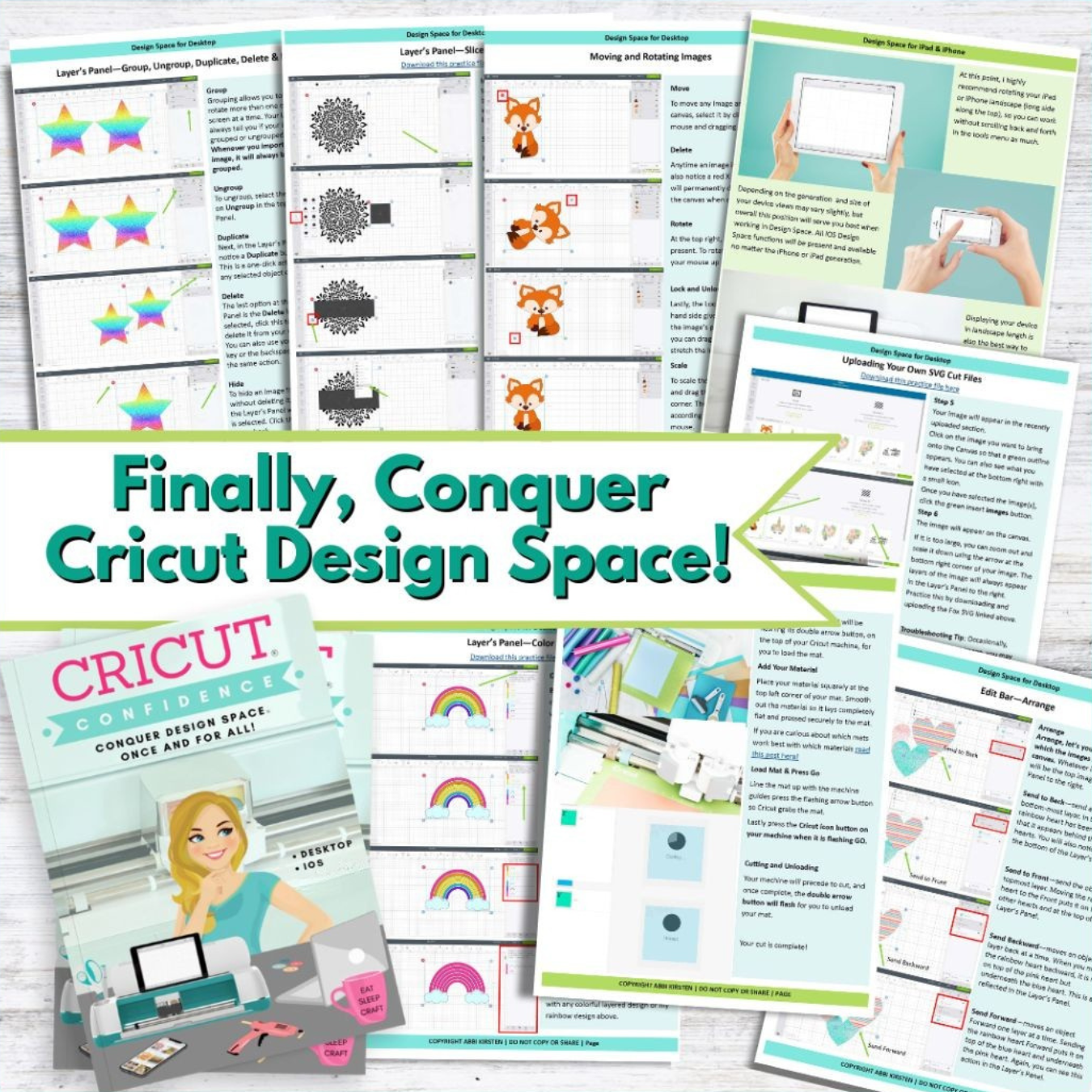 Cricut Confidence book showing page examples with text saying "Finally, Conquer Cricut Design Space!"